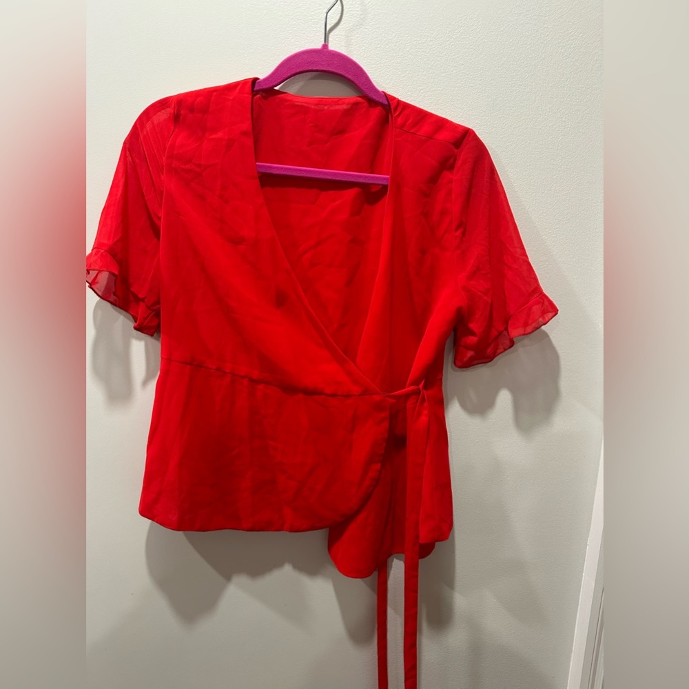 Red Wraparound Peplum Short Sleeve Blouse - SHEER